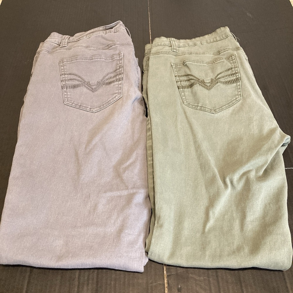 Lot of 2 New Directions Weekend Pants, Sz 12, Rhinestones Button, Green and Gray